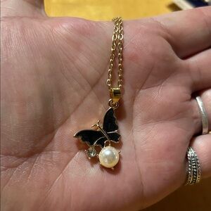 Elegant Black Butterfly Pendant Necklace with pearl
